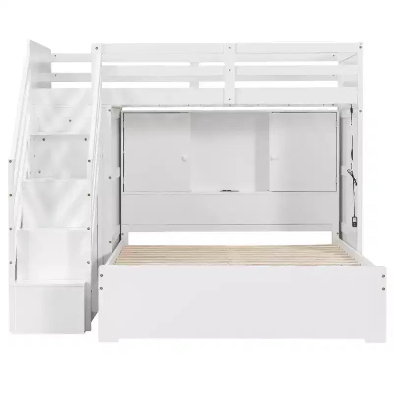 Lit superposé double sur grand lit avec armoire, ports USB, lumière, étagères de rangement et escalier de rangement - ModernLuxe