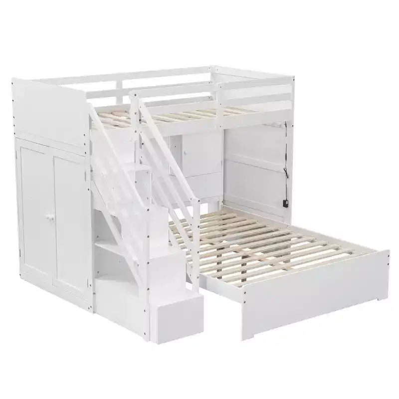 Lit superposé double sur grand lit avec armoire, ports USB, lumière, étagères de rangement et escalier de rangement - ModernLuxe
