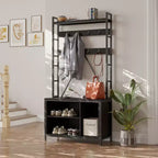 Meuble d'entrée 70 cm avec porte-manteau, cadre métallique, banc et rangement pour chaussures, crochets et étagère ouverte, portemanteau autoportant pour couloir