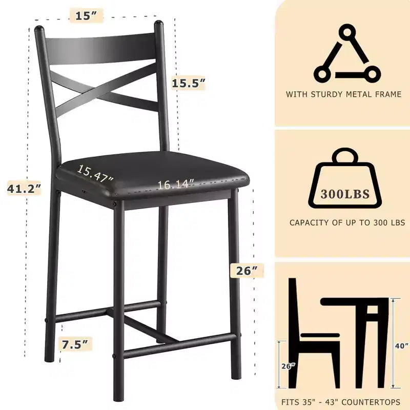 Ensemble de 6 tabourets de bar de hauteur comptoir 26, chaises à cadre métallique avec dossier droit ergonomique, coussins rembourrés en cuir PU épais et imperméables