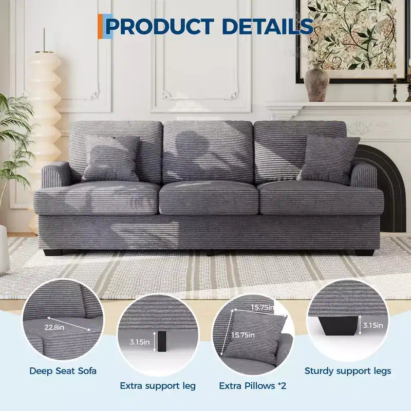 Canapé 3 places en similicuir de 218 cm avec sièges profonds, 2 coussins de dossier amovibles et 2 coussins décoratifs, imperméable, pour salon ou bureau, noir