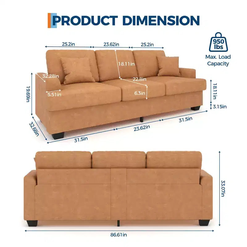 Canapé 3 places en similicuir de 218 cm avec sièges profonds, 2 coussins de dossier amovibles et 2 coussins décoratifs, imperméable, pour salon ou bureau, noir