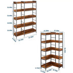 Étagère d'angle en forme de L à 5 niveaux avec 4 crochets, étagère d'angle réversible, bibliothèque industrielle en bois de 65 pouces avec étagères ouvertes et cadre métallique pour la maison