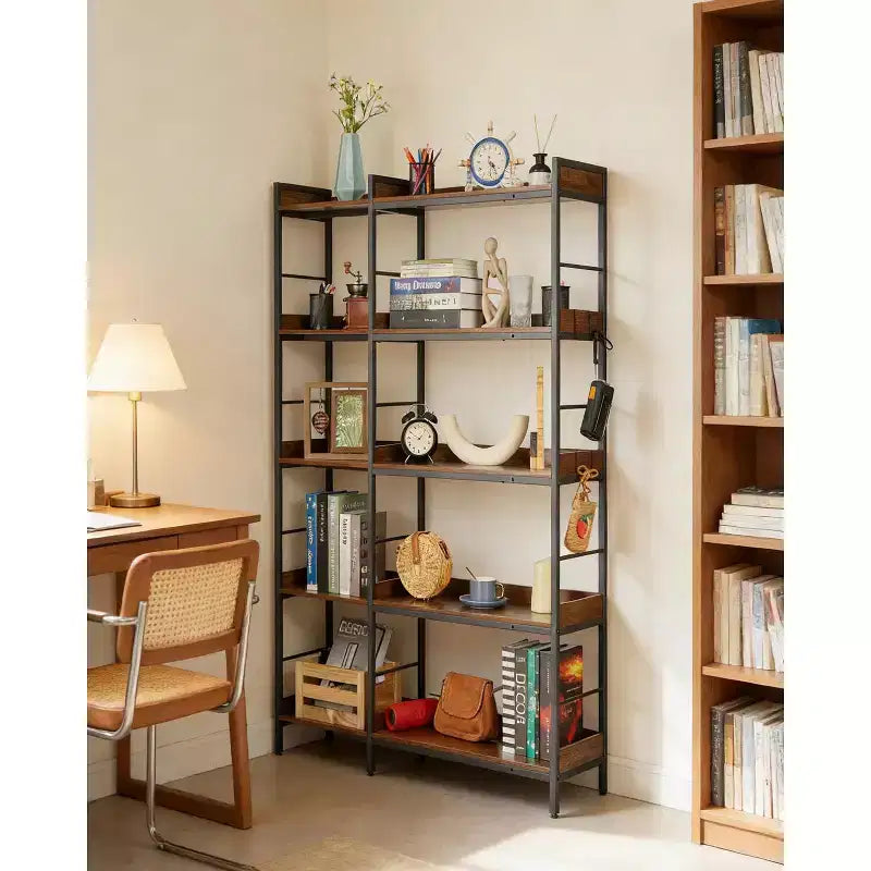 Étagère d'angle en forme de L à 5 niveaux avec 4 crochets, étagère d'angle réversible, bibliothèque industrielle en bois de 65 pouces avec étagères ouvertes et cadre métallique pour la maison