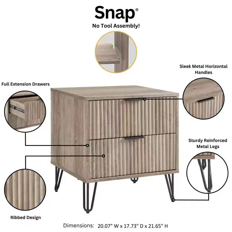 Manhattan Comfort Dumbo Table de chevet 2 tiroirs Gris rustique : Design moderne, pieds en métal, cadre en MDF