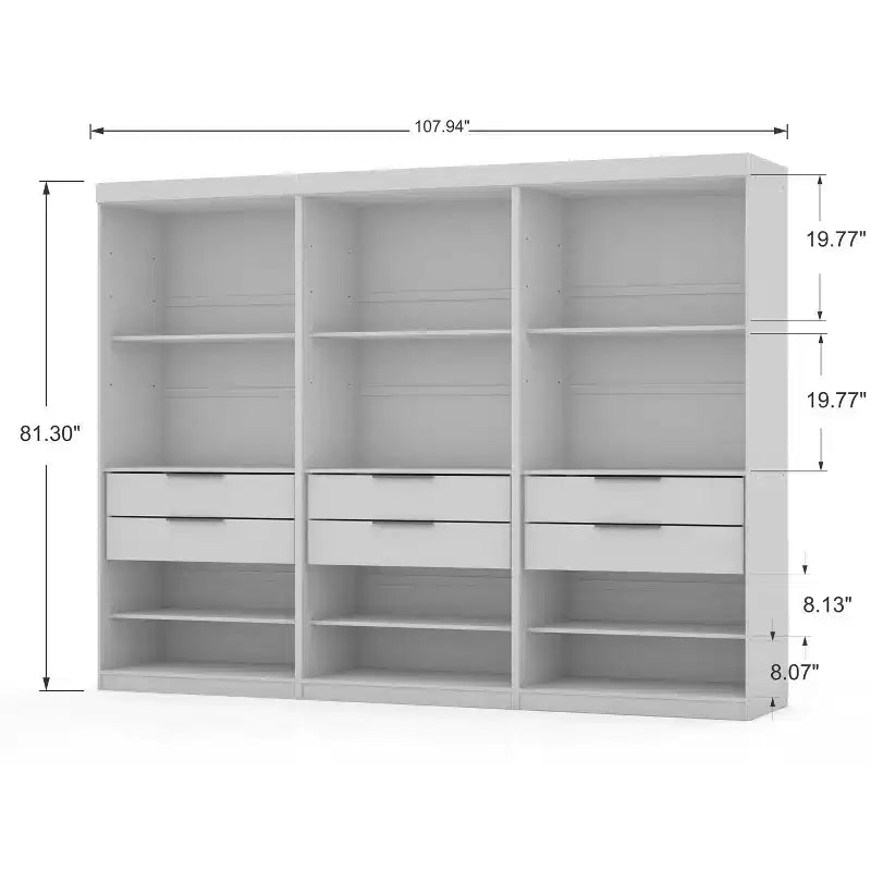 Lot de 3 placards Manhattan Comfort Mulberry Open 3 sections blanc : composite MDF, 12 étagères, 6 tiroirs