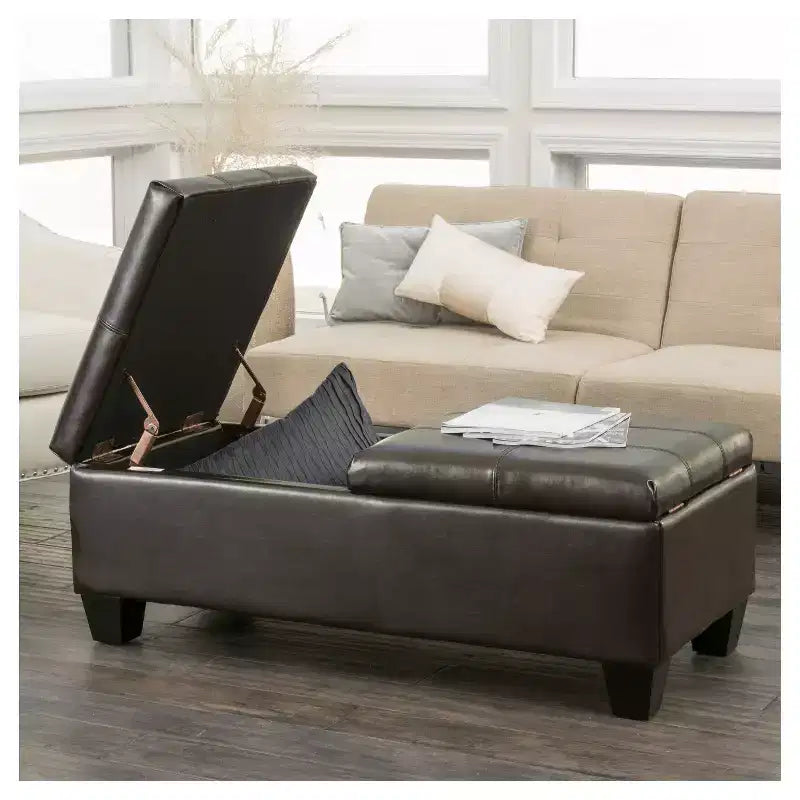 Merrill Double Opening Leather Storage Ottoman - Chocolate Brown - Christopher Knight Home