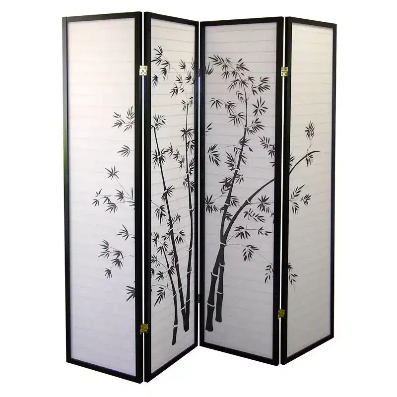4 Panel Room Divider Bamboo - Ore International: Hardwood Spruce Frame, Botanical Floral Tree Design, No Assembly Required