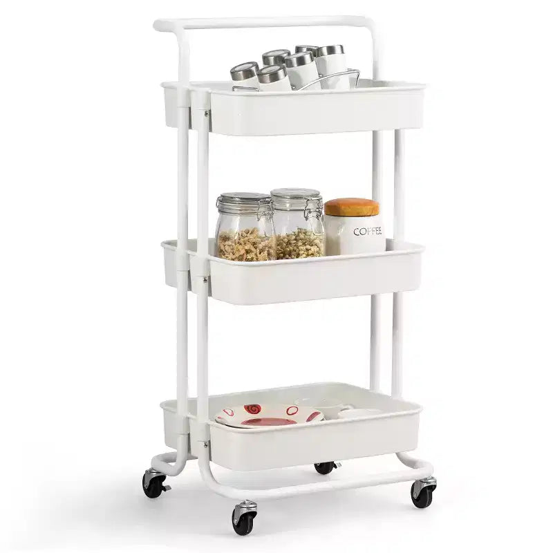 Costway 3 Tier Rolling Cart W/Wheels Practical Handle&ABS Storage Basket Organizer White