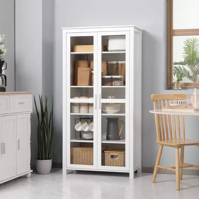 HOMCOM Meuble de cuisine autoportant, buffet de rangement à 5 niveaux avec étagères réglables et 2 portes vitrées, blanc
