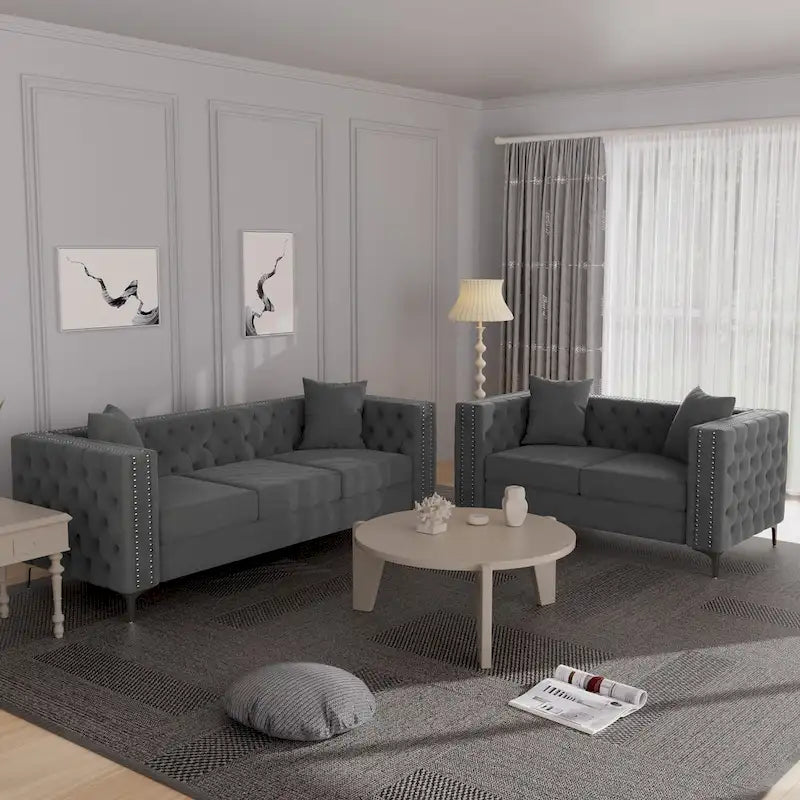 Morden Fort Modern 2 Pieces of Loveseat and Sofa Couch Set with Dutch Velvet Beige, Iron Legs