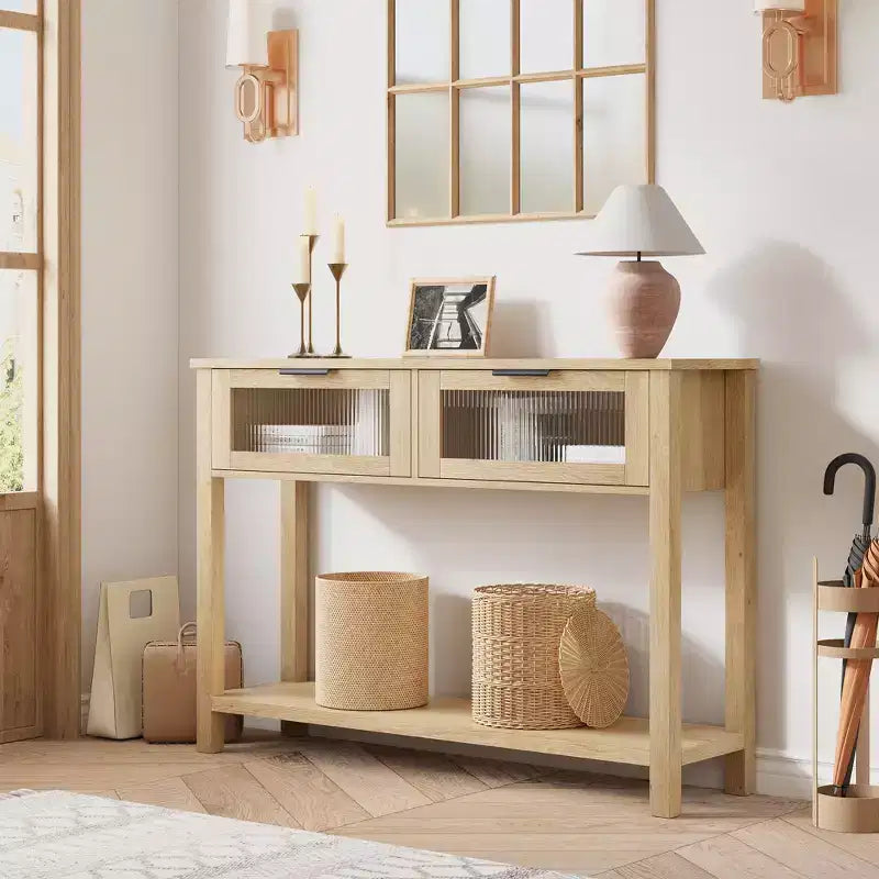 Table d'entrée de 109 cm, console en bois avec 2 tiroirs en verre, table de canapé à 2 niveaux avec rangement pour salon, tables de foyer pour entrée