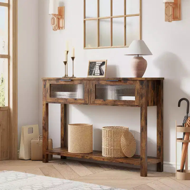 Table d'entrée de 109 cm, console en bois avec 2 tiroirs en verre, table de canapé à 2 niveaux avec rangement pour salon, tables de foyer pour entrée
