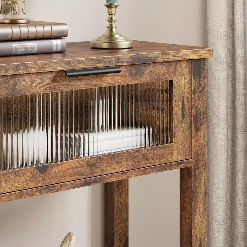 Table d'entrée de 109 cm, console en bois avec 2 tiroirs en verre, table de canapé à 2 niveaux avec rangement pour salon, tables de foyer pour entrée
