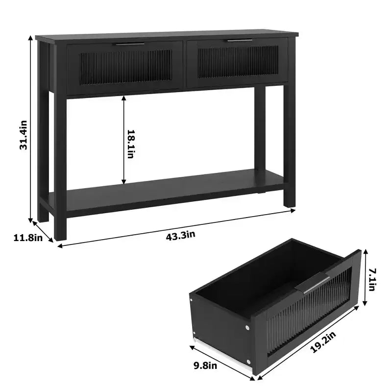 Table d'entrée de 109 cm, console en bois avec 2 tiroirs en verre, table de canapé à 2 niveaux avec rangement pour salon, tables de foyer pour entrée