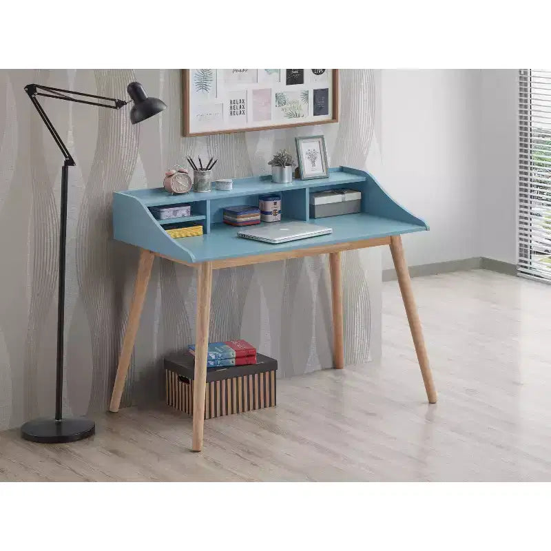 Roundhill Furniture Roskilde Mid-Century Modern Wood Writing Desk with Hutch, Blue