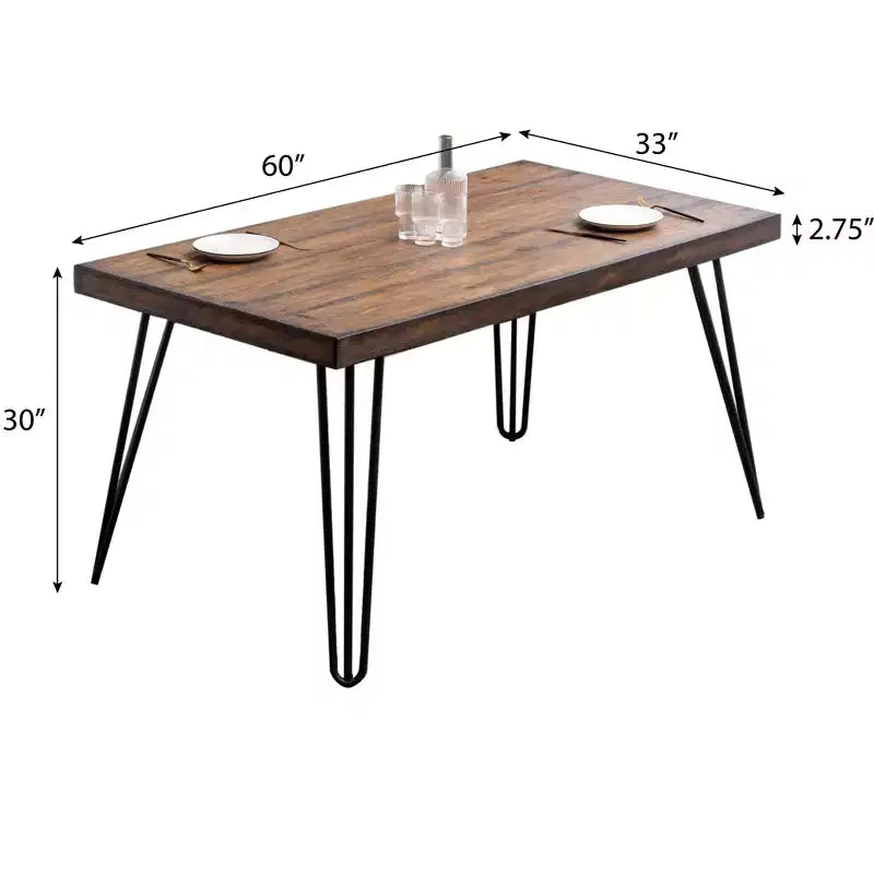 Table à manger industrielle Aryven en métal avec pieds épingles, pin foncé rustique